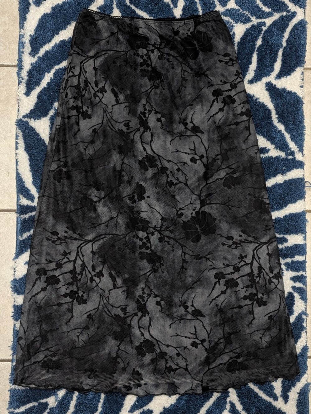 90s Style Cider Midi Skirt Black & Grey Mesh Abstract Branch Print, Size XS